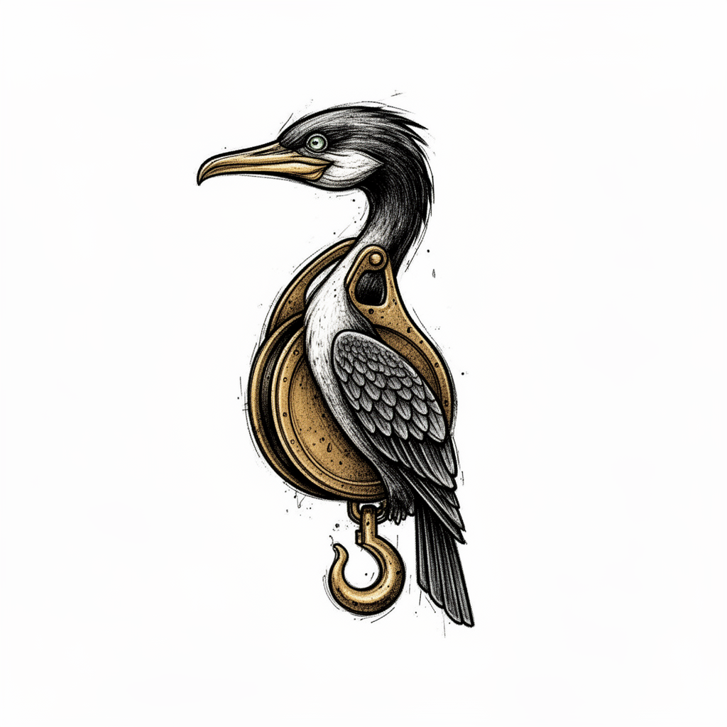 An illustrative cormorant talisman formed from an antique brass ship's pulley, with a rounded body, S-shaped neck, folded wings, and worn engraved details.