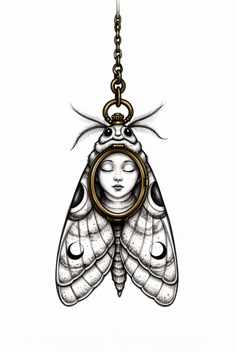 An illustrative moth talisman inspired by an antique pocket watch chain swivel, with scalloped wings, moon-phase etching, and a plain background.