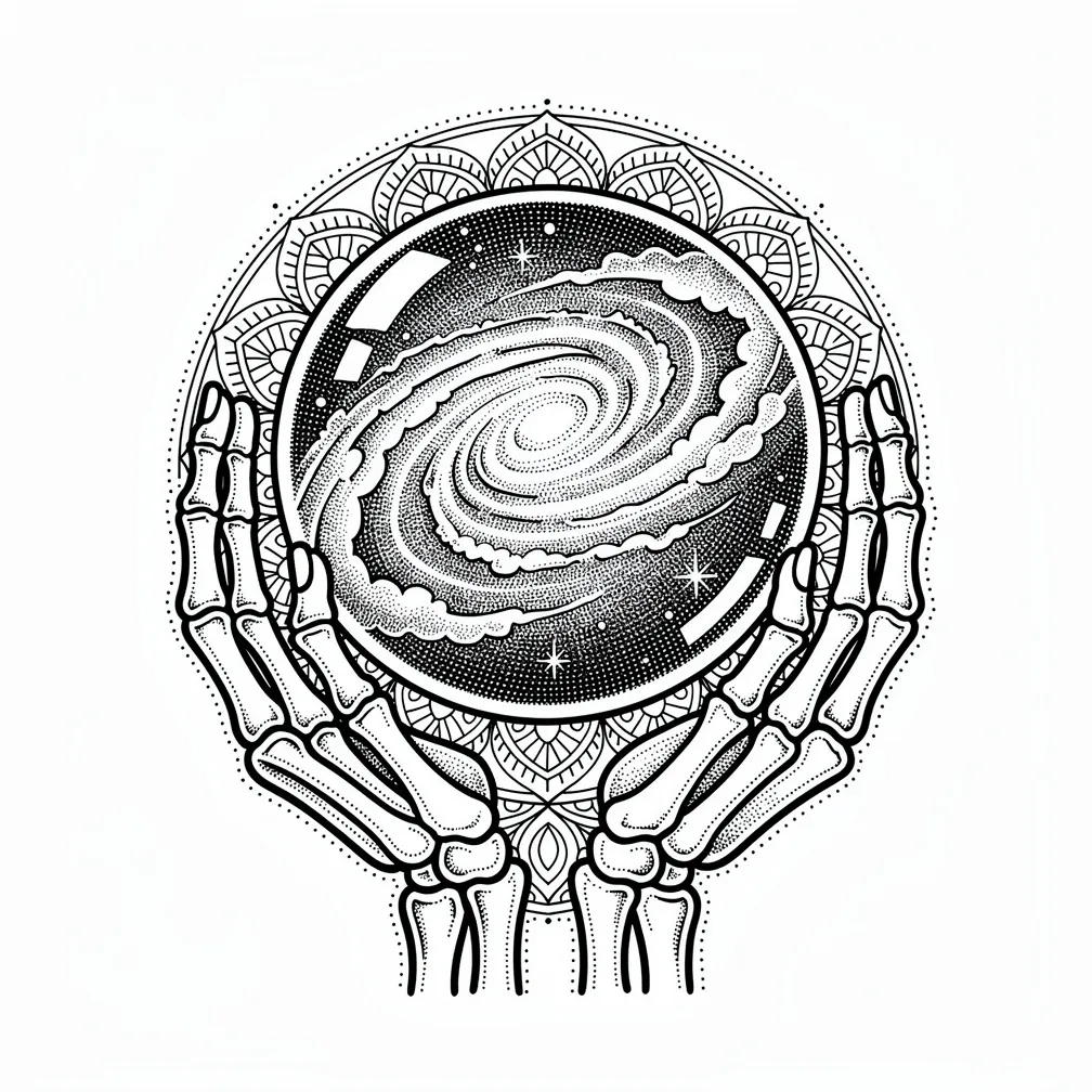 Isang bolang kristal na may dotwork, kinukubabawan ng mga kamay na kalansay, na naglalaman ng umiikot na maliit na galaksiya ng mga nebula at bituin.