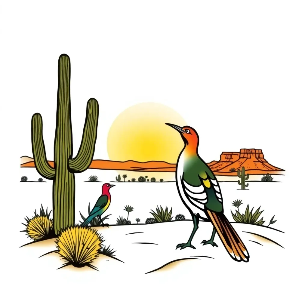 Ökenscen i traditionell stil under gyllene timmen med höga saguaro-kaktusar i förgrunden, en vägspringare i rörelse och avlägsna mesas-siluetter mot en orange-rosa solnedgång.