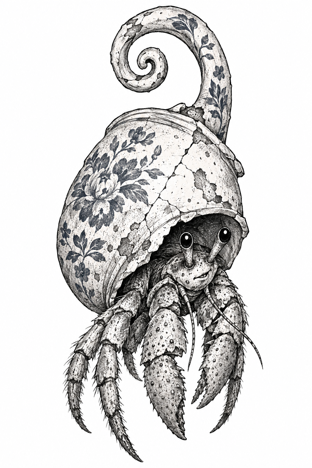 An illustrative hermit crab with bead-black eyes sits in a cracked porcelain teacup shell with chipped blue floral glaze and a spiral handle crest.