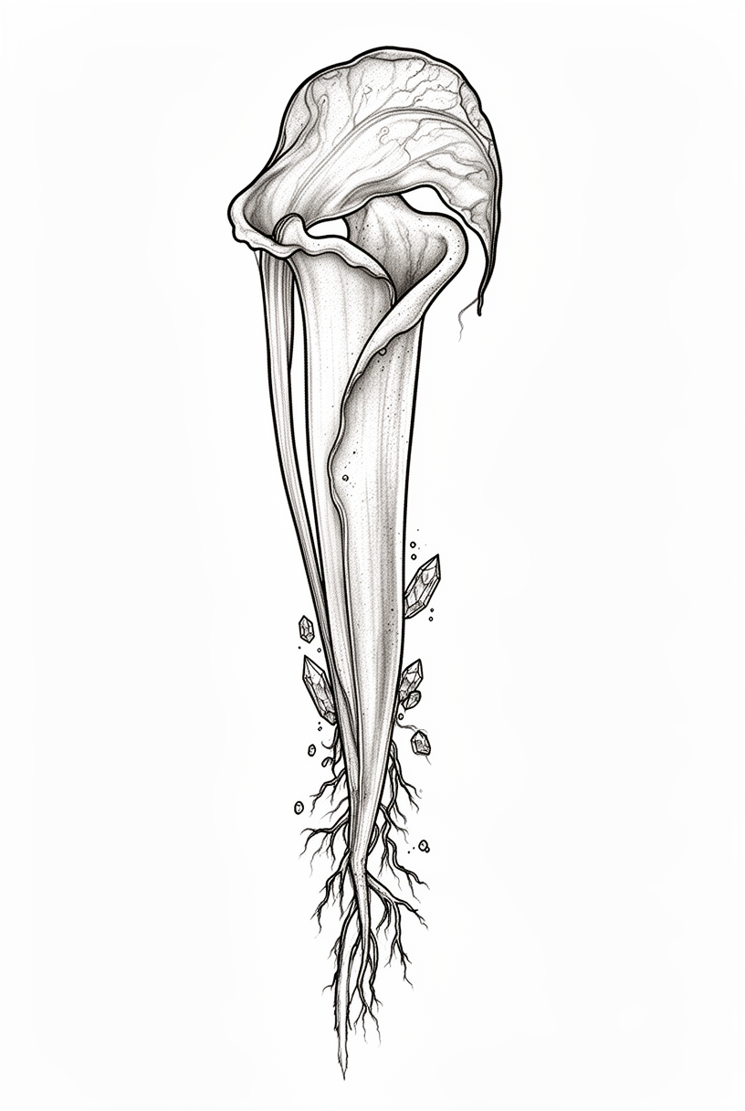 A fine-line ghost pipe plant rendered as a pale botanical talisman with a curved hooded bloom, smoky veining, and delicate root threads.