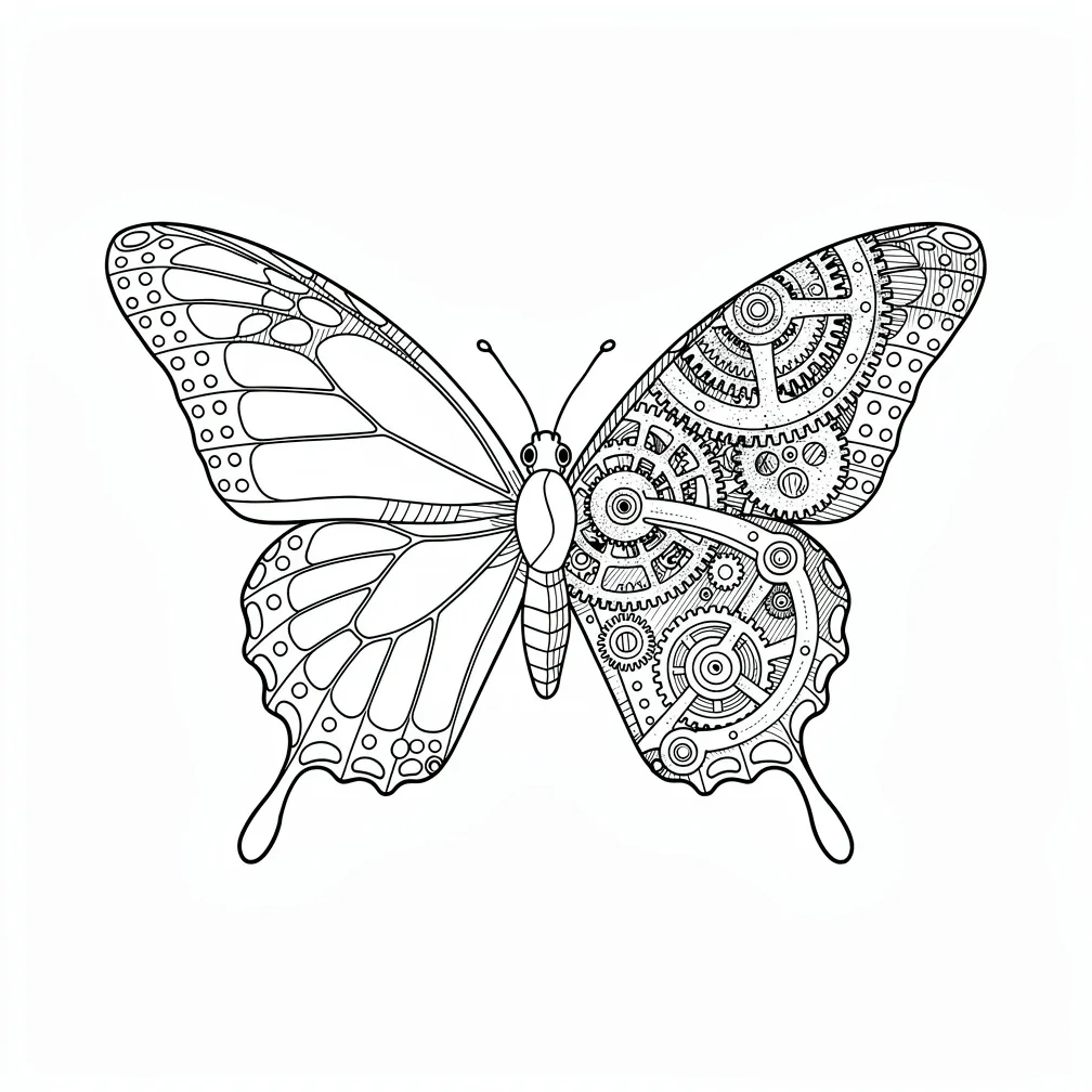 Uma borboleta-monarca em linha fina com uma asa se transformando em engrenagens detalhadas de mecanismo de relógio e peças mecânicas.