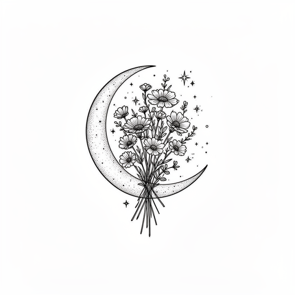 A fine-line crescent moon cradling wildflowers, with tiny stars scattered around it like seeds.