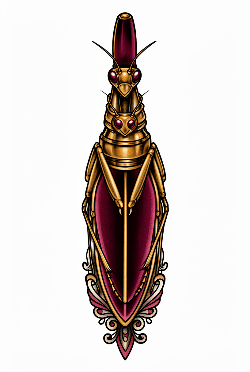 A neo-traditional praying mantis talisman styled like an antique brass inkwell cap, with faceted eyes and folded forelegs on a plain background.