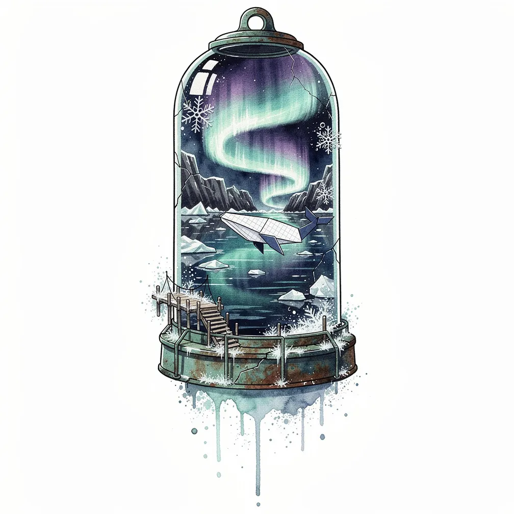O se buoy moli taiala i le vali vai, ma le tioata taʻe o loo uu ai se fagaloa aisa laʻitiiti i le vaeluaga o le pō; o se tafola humpback origami ua gaugau mai pepa moana pogisa i lalo o se fusi aurora