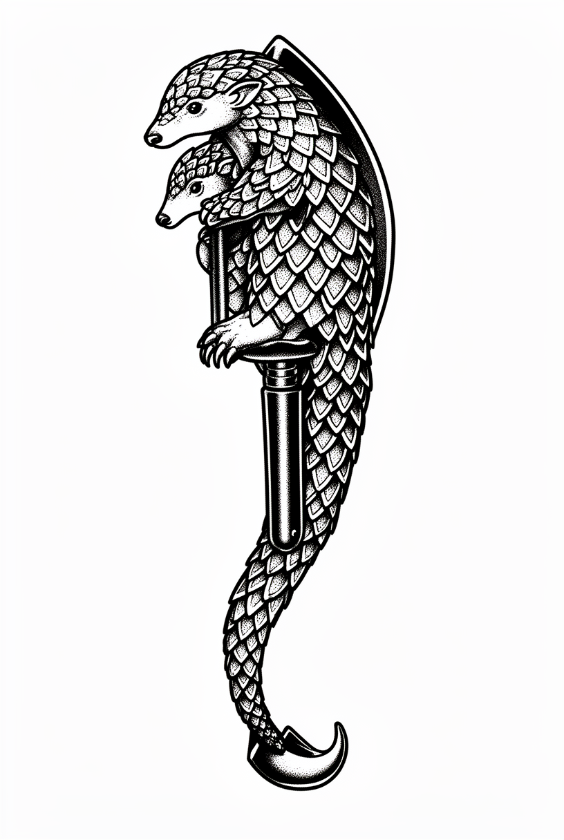 A blackwork pangolin talisman fused with an antique pocket trowel, featuring armored scales, a tapering tail, and a small shy face on a plain background.