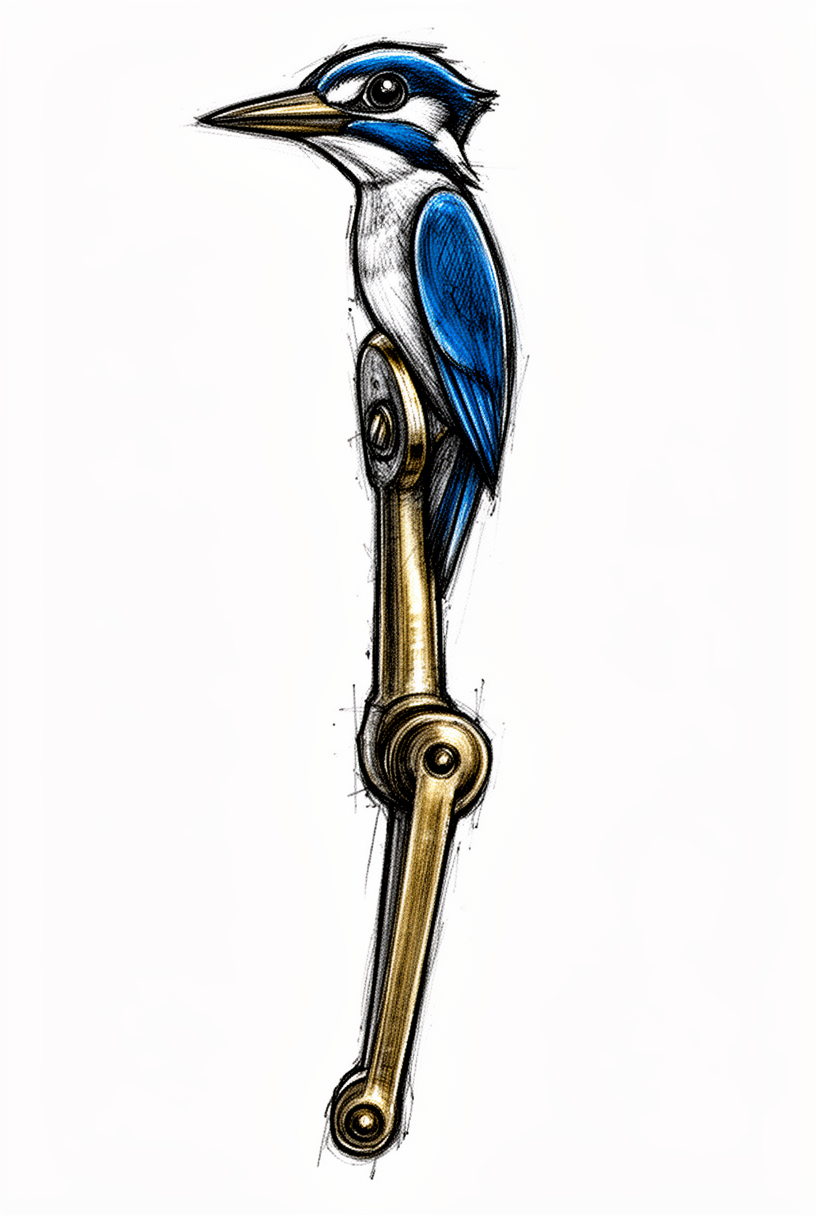 An illustrative kingfisher talisman fused with an antique railway switch lever, shown with a bright eye, white throat patch, and cobalt body on a plain background.