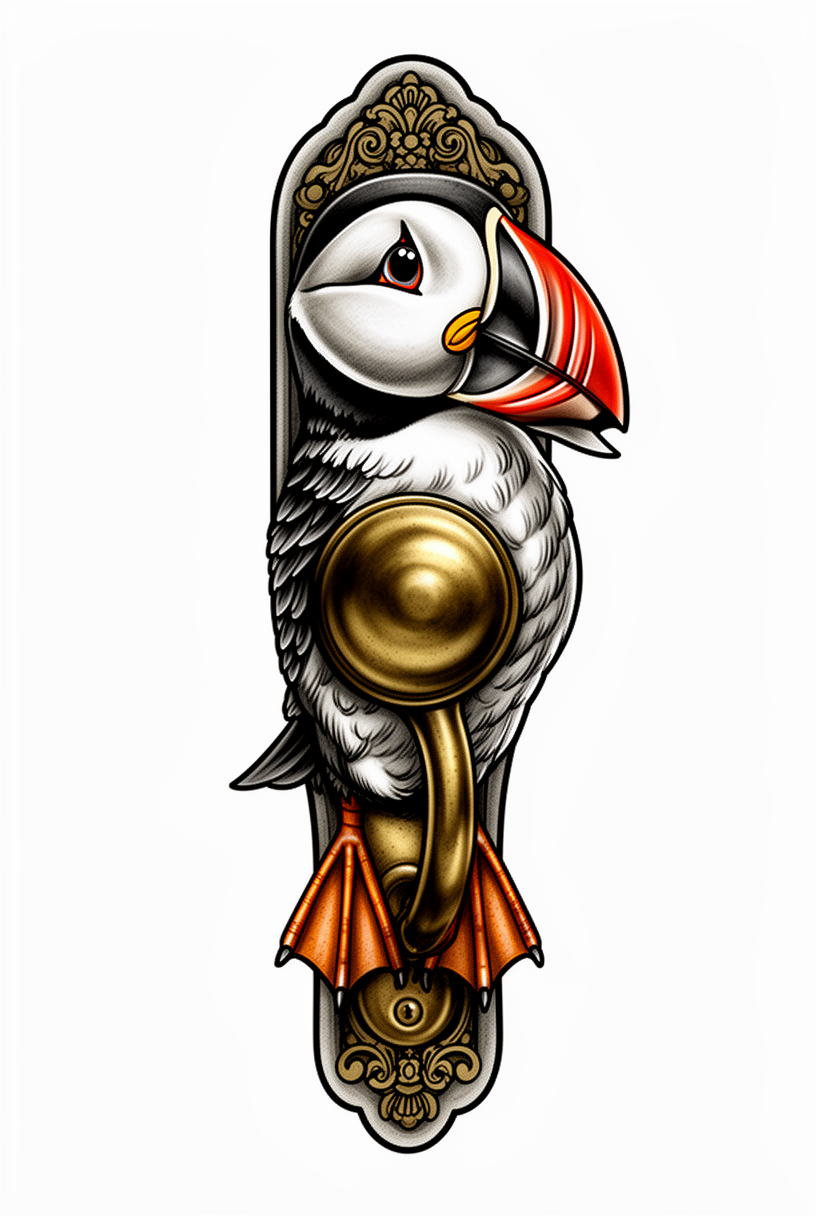 A neo-traditional puffin talisman redesigned from an antique brass doorknob, with a striped beak, bright eye, worn patina, and engraved details.