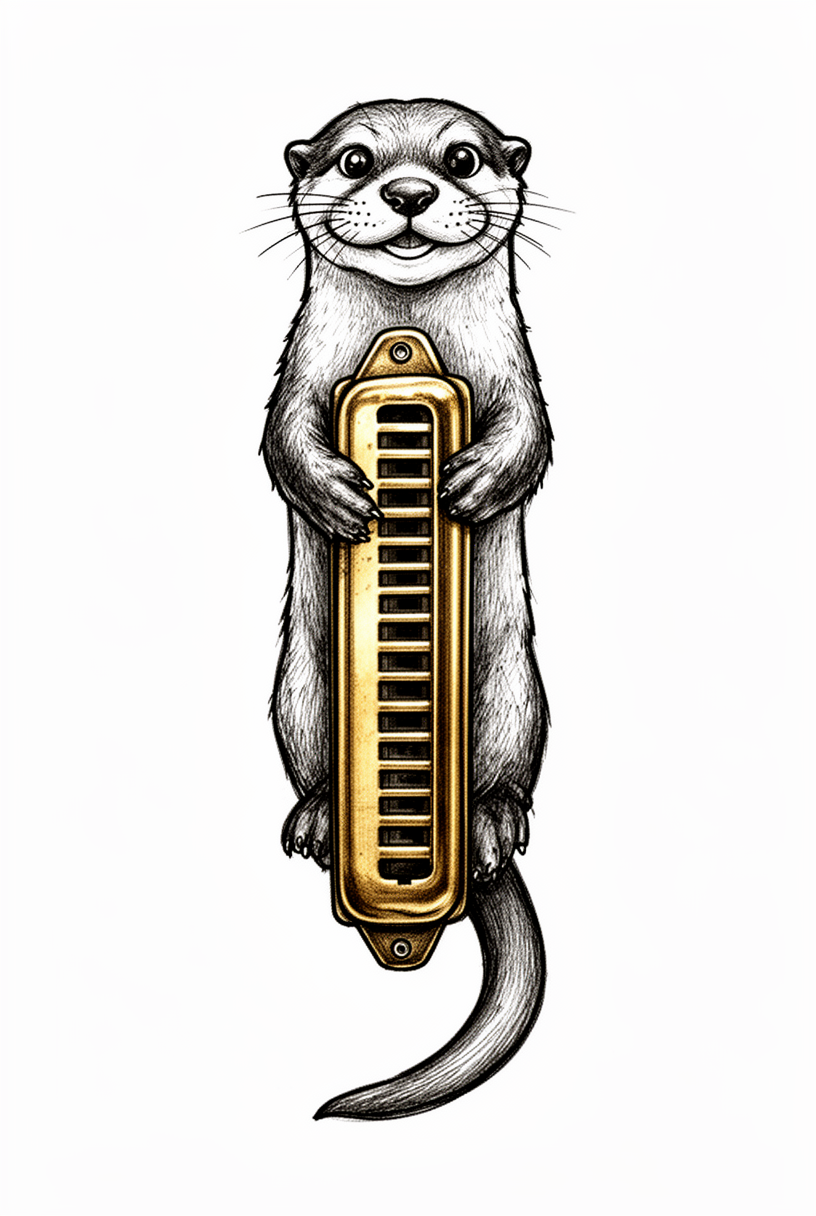 An illustrative antique brass harmonica transformed into a clever river otter talisman with curled forepaws, a tapering tail, and a playful face.