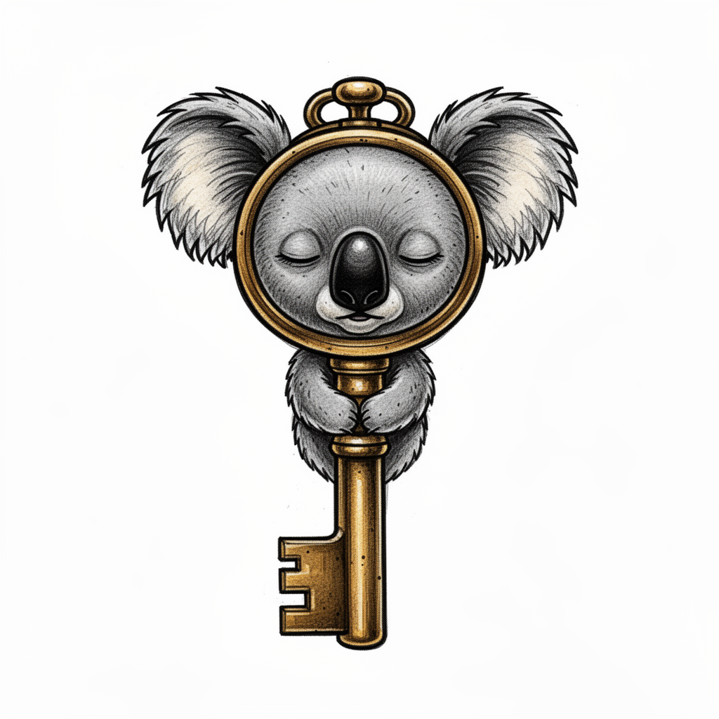 An illustrative tattoo of a carriage clock winding key transformed into a sleepy koala with fluffy ears, dark eyes, and a rounded nose on a plain background.