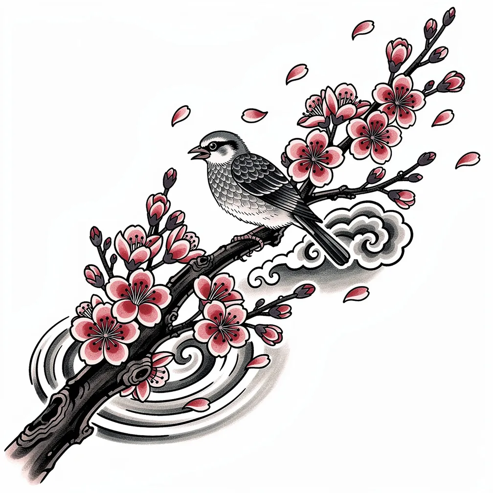Japanese-style cherry blossom branch with petals blowing in the wind and a small sparrow perched among the flowers, rendered with flowing lines and soft color accents.