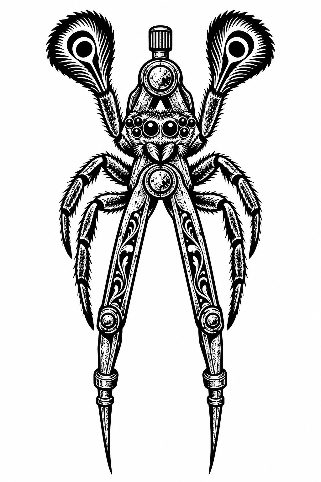 A blackwork peacock spider talisman formed from an antique brass compass divider with engraved joints, jewel eyes, and lifted fan-like legs on a plain background.