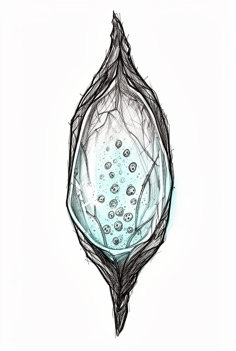 An illustrative bioluminescent glass seed pod with a faceted translucent shell, fine vein-like seams, and a soft inner glow around suspended seeds.