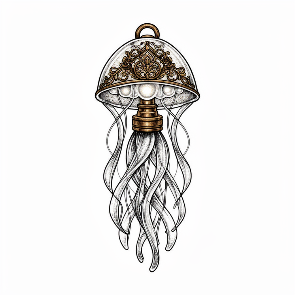 Un tatuaggio ornamentale raffigurante il talismano di una medusa lunare, ispirato al pulsante di scatto di una macchina fotografica antica, con tentacoli simili a nastri e dettagli metallici incisi.