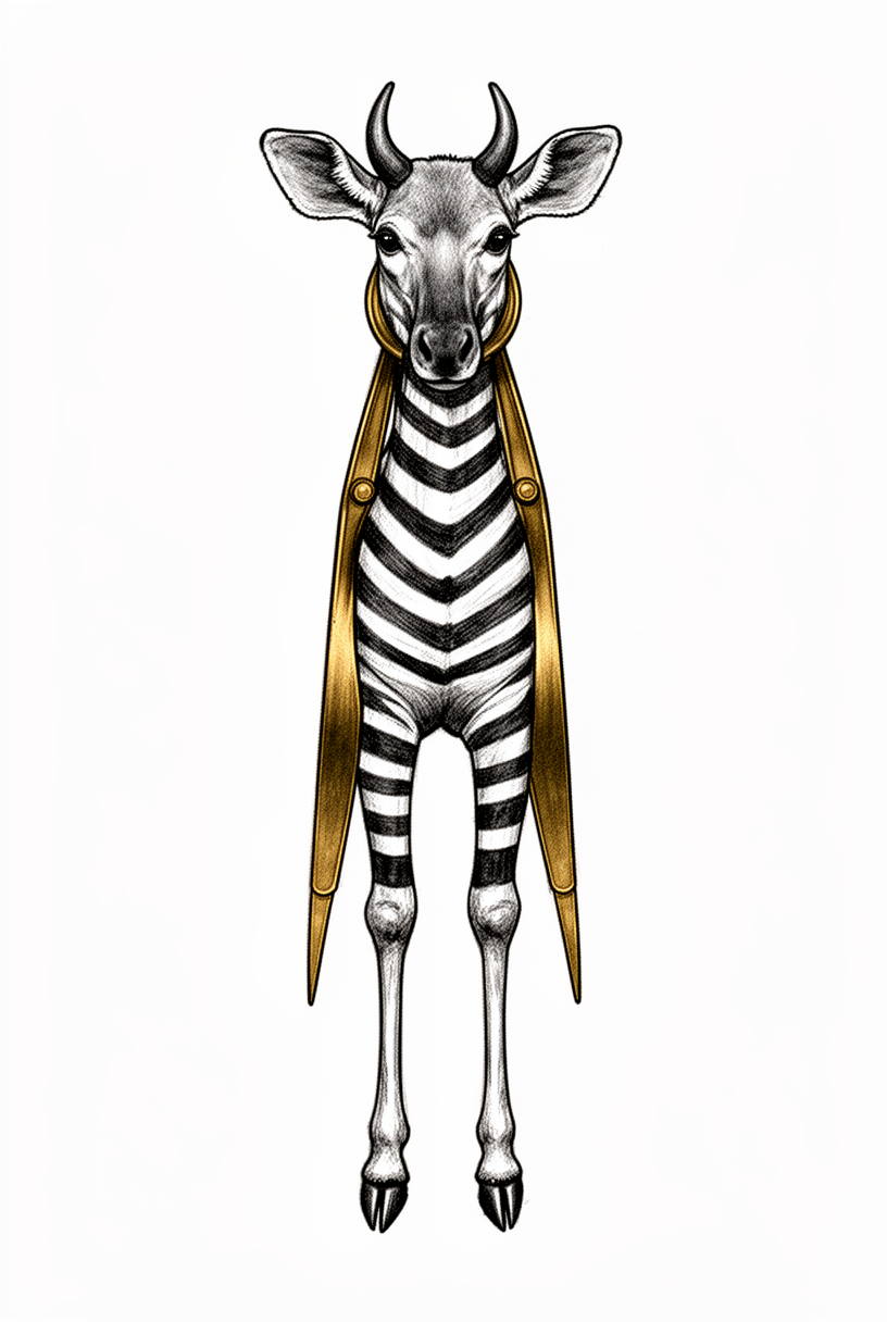 An illustrative okapi talisman formed from an antique brass compass divider with striped limbs, hoof tips, and a calm face on a plain background.