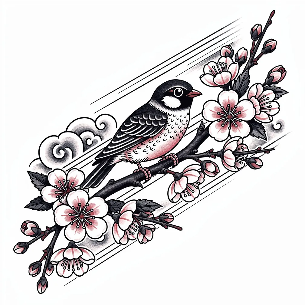 Japanese-style cherry blossom branch with petals carried by the wind and a small sparrow perched among the flowers, with elegant linework and soft color accents.