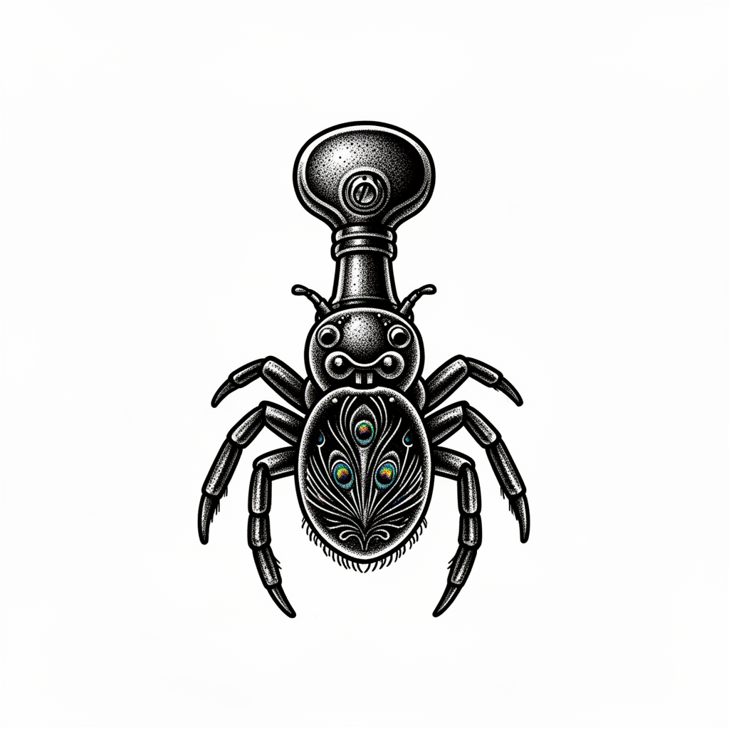 A blackwork peacock spider talisman formed from an antique banjo tuner, with etched fan markings, jointed legs, and a curious face on a plain background.