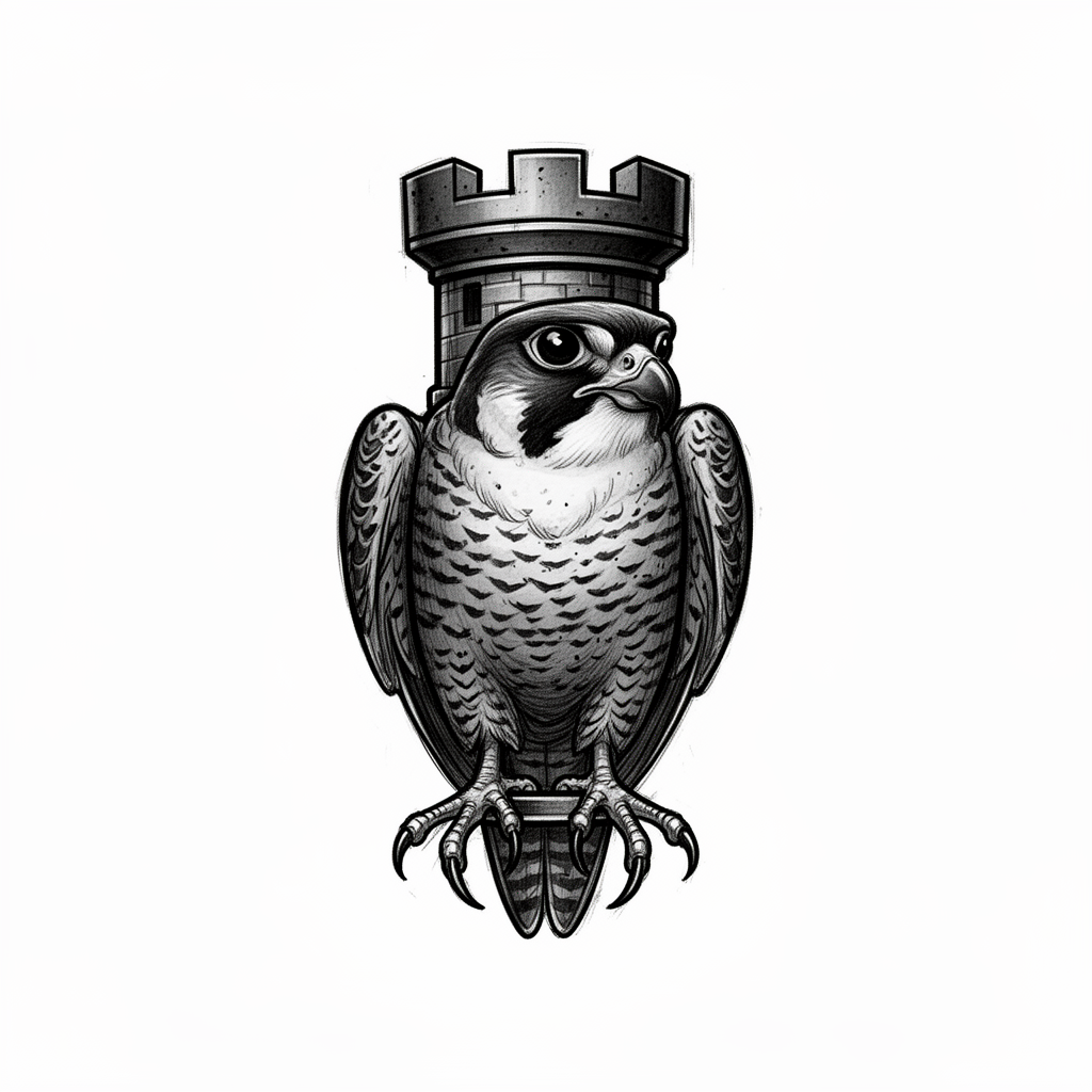 An illustrative obsidian chess rook transformed into a peregrine falcon talisman with layered plumage, a hooked beak, and a piercing eye on a plain background.
