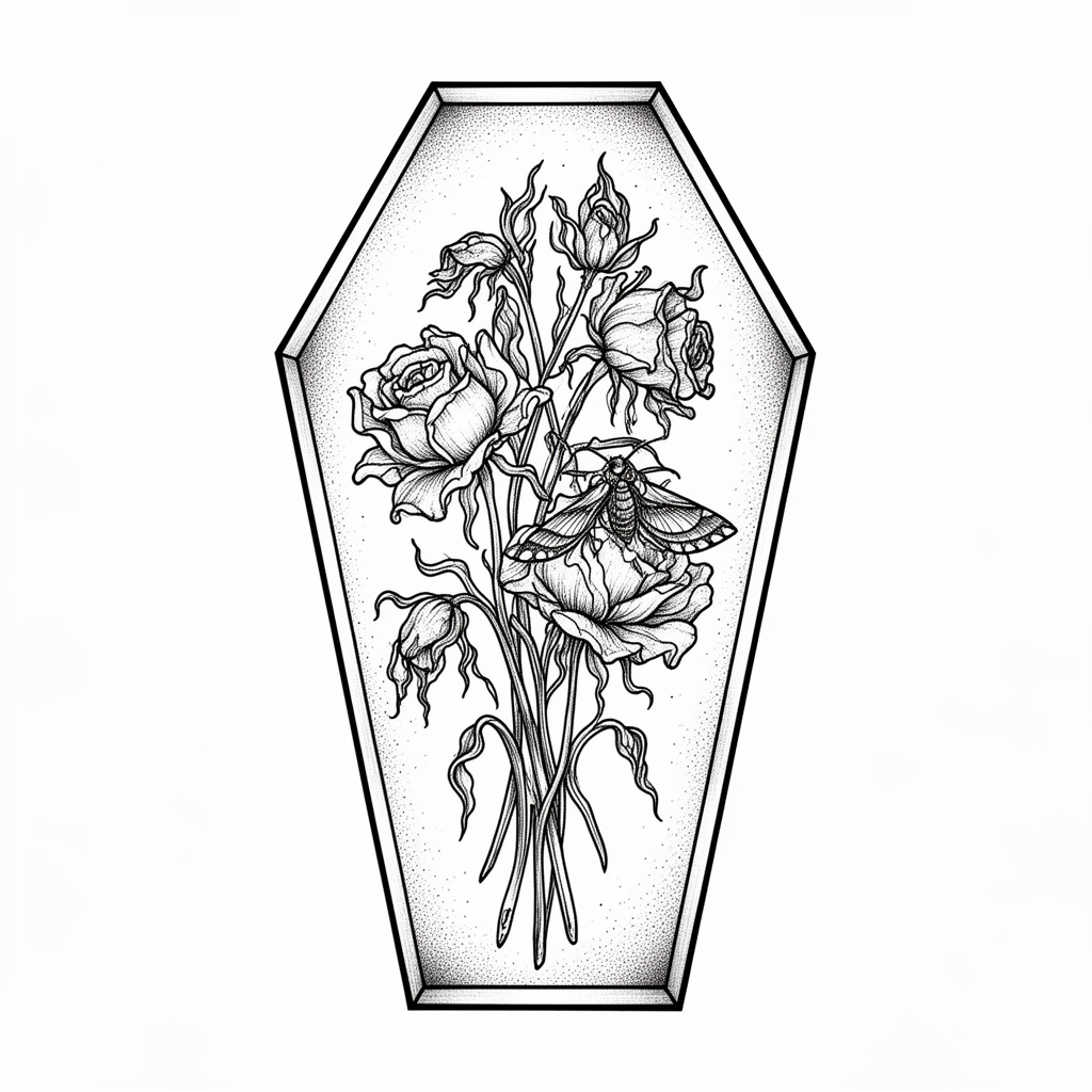 A fine-line coffin-shaped frame containing a bouquet of dead roses with a moth resting on one wilted petal.