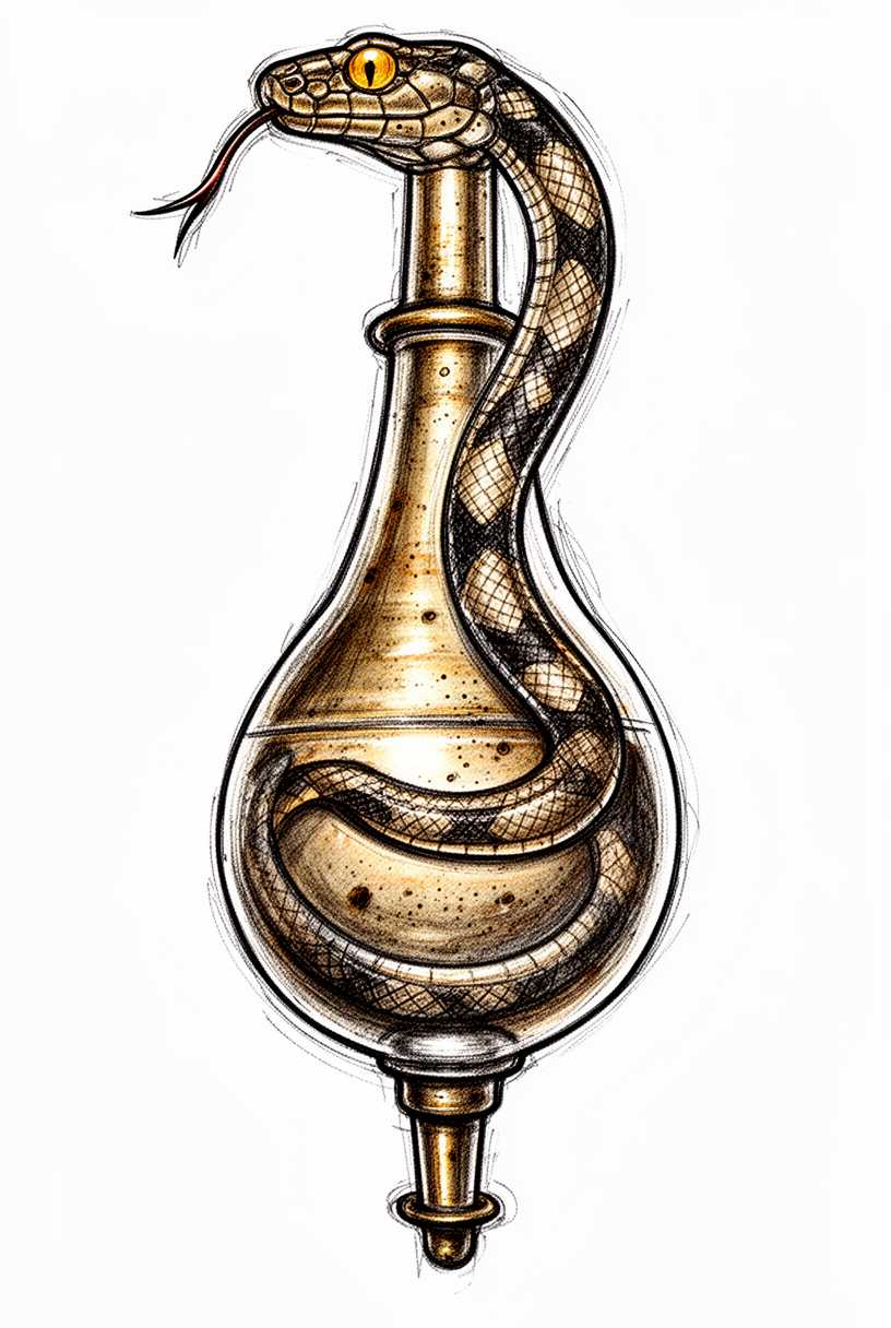 An illustrative coral snake talisman shaped like a vintage brass laboratory retort, with a banded serpentine neck, bead eyes, and worn patina.