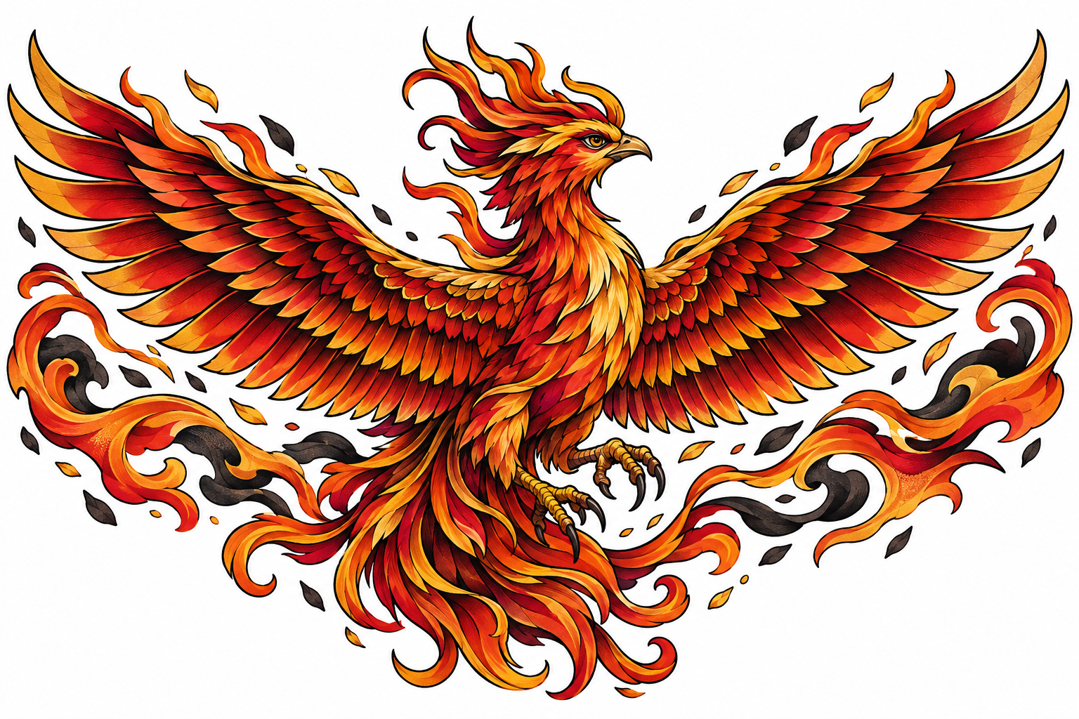 A neo-traditional phoenix rising from swirling flames and ash with wings spread wide and fiery gold feathers.