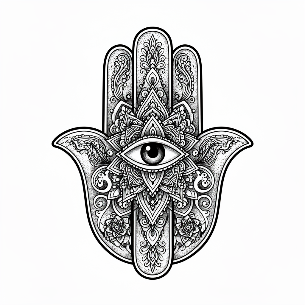 An ornamental Hamsa hand tattoo with an evil eye at the center, filled with henna-inspired patterns and protective symbols.