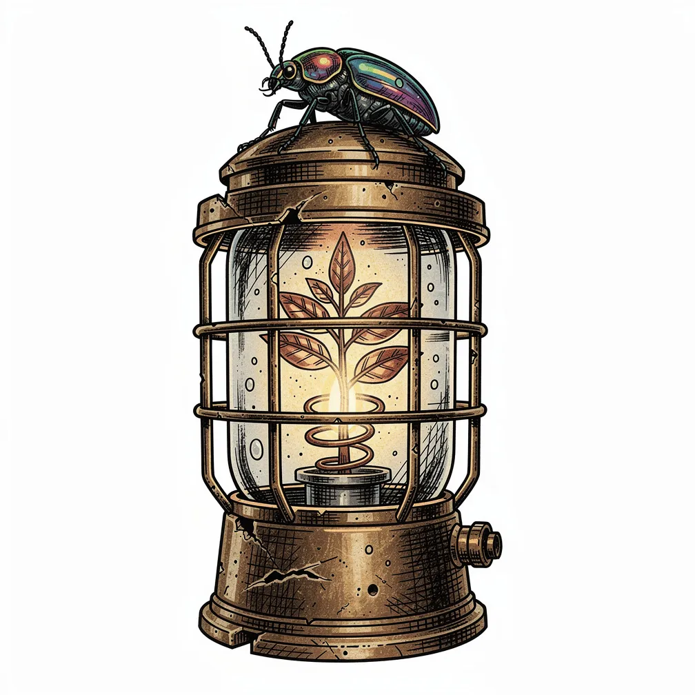 ’n Illustratiewe verweerde koperbrons-vuurtoringlantern met roetbevlekte glas, wat ’n klein verligte jong boompie met koperblare bevat, met ’n juweelkewer met opaaloë bo-op.