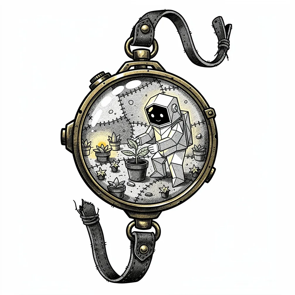 Un monocle de llautó abonyegat i d’estil il·lustratiu, amb una corretja de cuir; la seva lent refracta un petit hivernacle lunar il·luminat per un llum, amb suculentes estel·lars i un astronauta d’ori