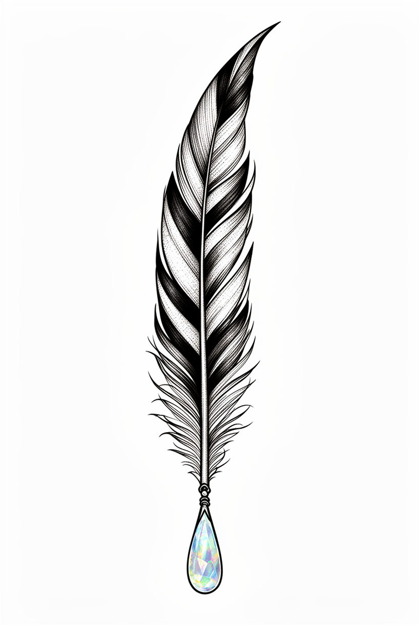 A fine-line magpie feather with black-and-pearl bands and a small opal droplet near the tip, rendered with delicate negative space.