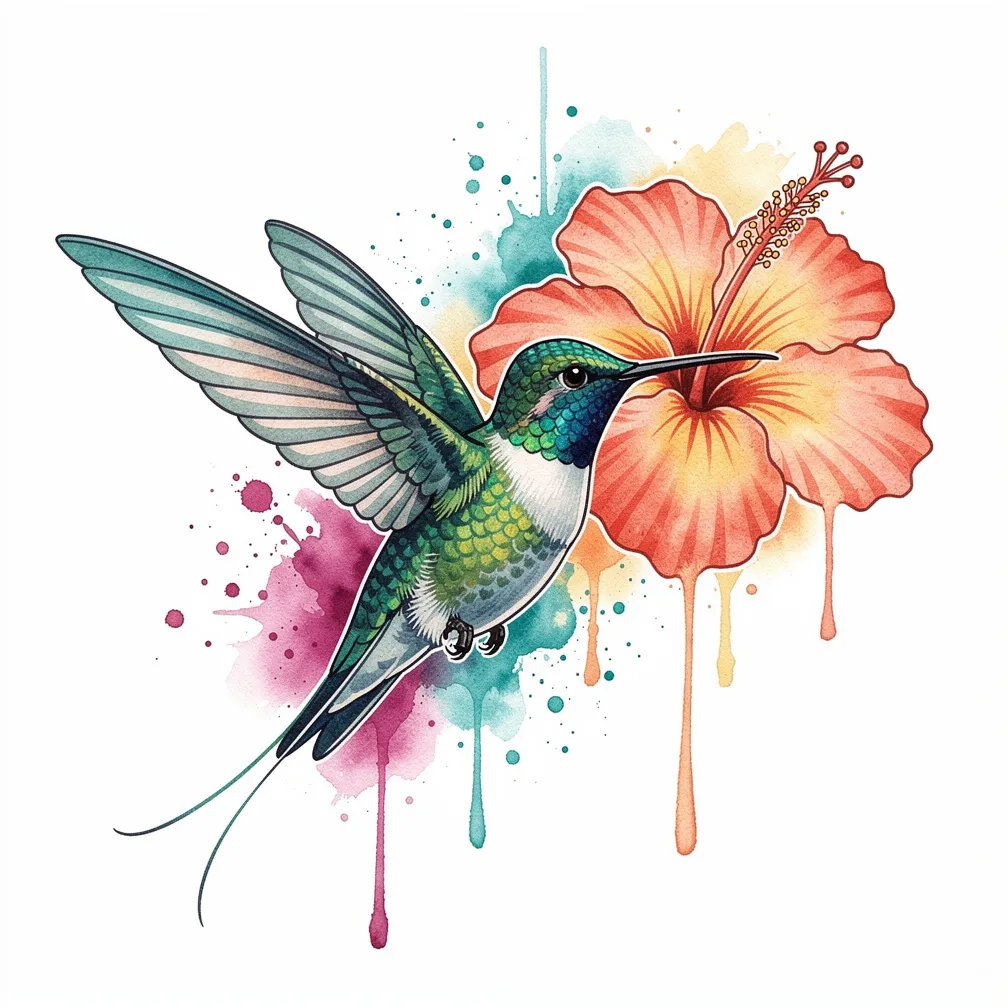 A watercolor hummingbird mid-flight sipping nectar from a tropical hibiscus, with iridescent feather highlights and soft color splashes.