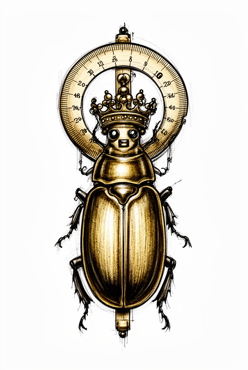 An illustrative crowned beetle talisman inspired by an antique brass drafting protractor, with a semicircular armored back, bead eyes, and symmetrical tucked legs.