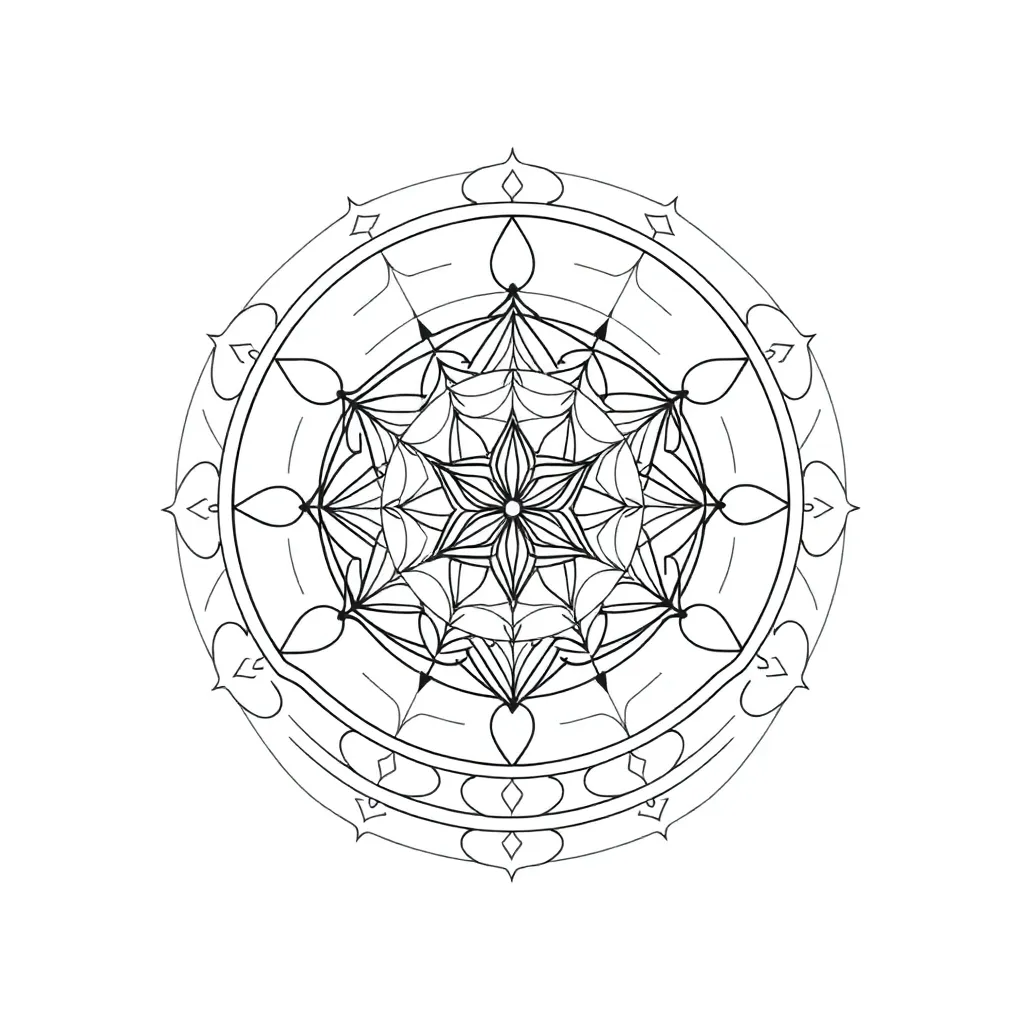 A geometric sacred-geometry mandala featuring the Flower of Life at center, Metatron's Cube overlay, and radiating golden-ratio spirals in black linework with gold accents.
