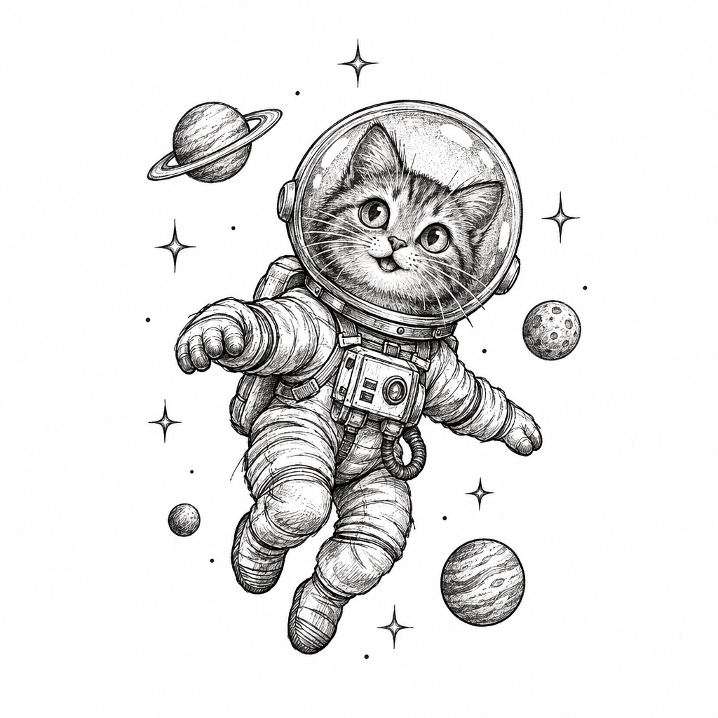 An illustrative tiny cat astronaut floats in space wearing a goldfish bowl helmet, surrounded by stars and planets.