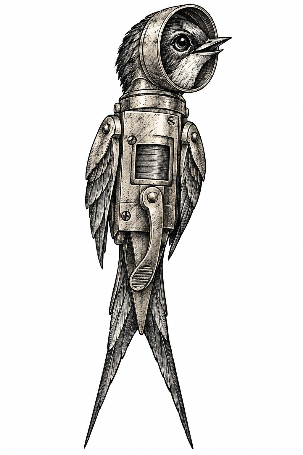 An illustrative barn swallow talisman reimagined from an antique slide projector shutter, with a feathered head, forked tail, and tucked wings on a plain background.