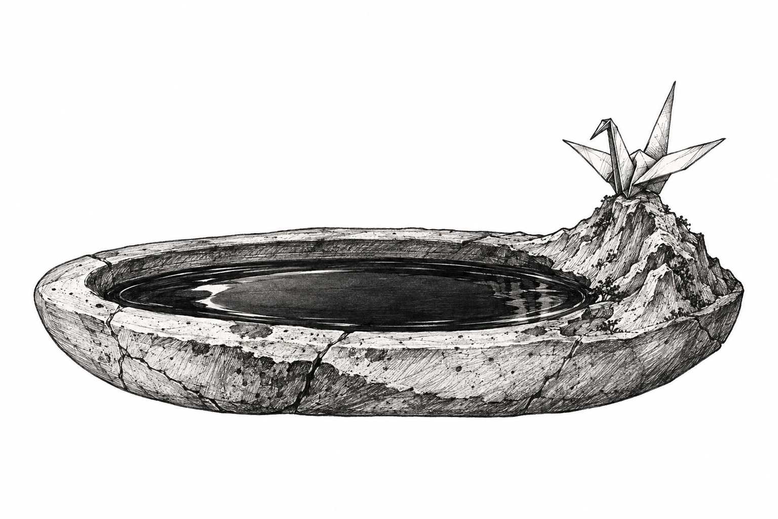An illustrative cracked ceramic inkstone with pooled black ink and a paper crane resting on a tiny carved mountain ridge.