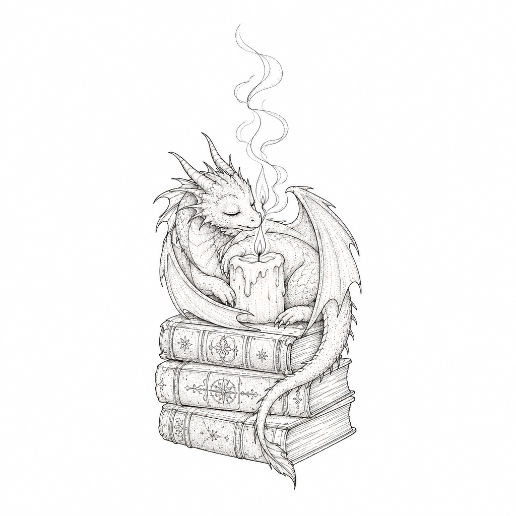 A fine-line tattoo of a stack of books with a tiny sleeping dragon curled around a candle, with smoke drifting from its nostrils.
