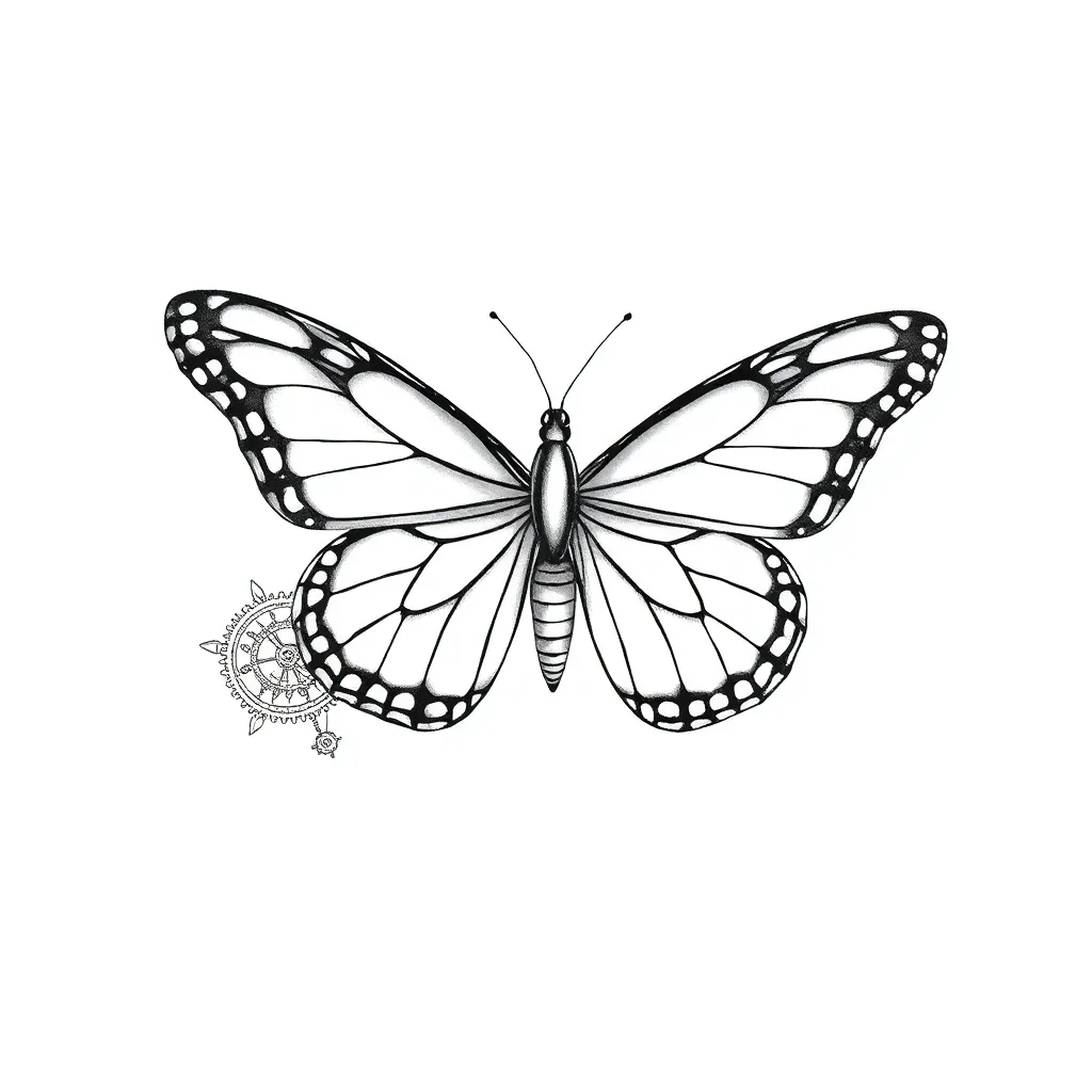 Uma borboleta monarca em traço fino onde uma asa se transforma em engrenagens intricadas e partes mecânicas, mesclando detalhes orgânicos e mecânicos.