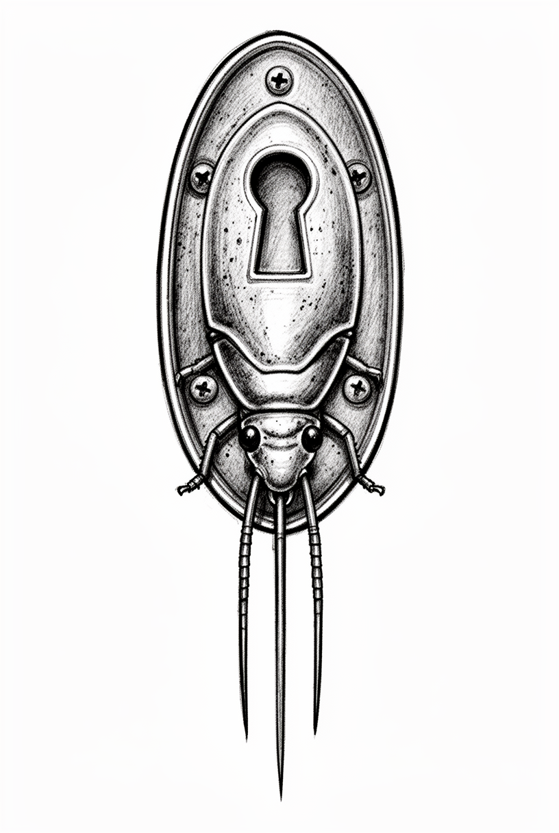 An illustrative silverfish talisman reimagined from a Victorian brass keyhole plate, with an armored body, tiny legs, and three tail filaments on a plain background.