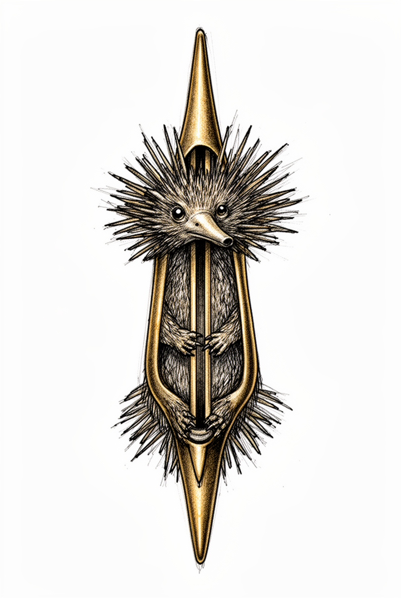An illustrative echidna talisman reimagined from an antique brass loom shuttle, with spined back, tiny claws, bead eyes, and a shy determined expression.