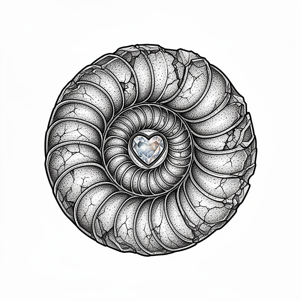 A dotwork ammonite fossil shown front-on with cracked stone chambers and a small quartz geode opening from the center.