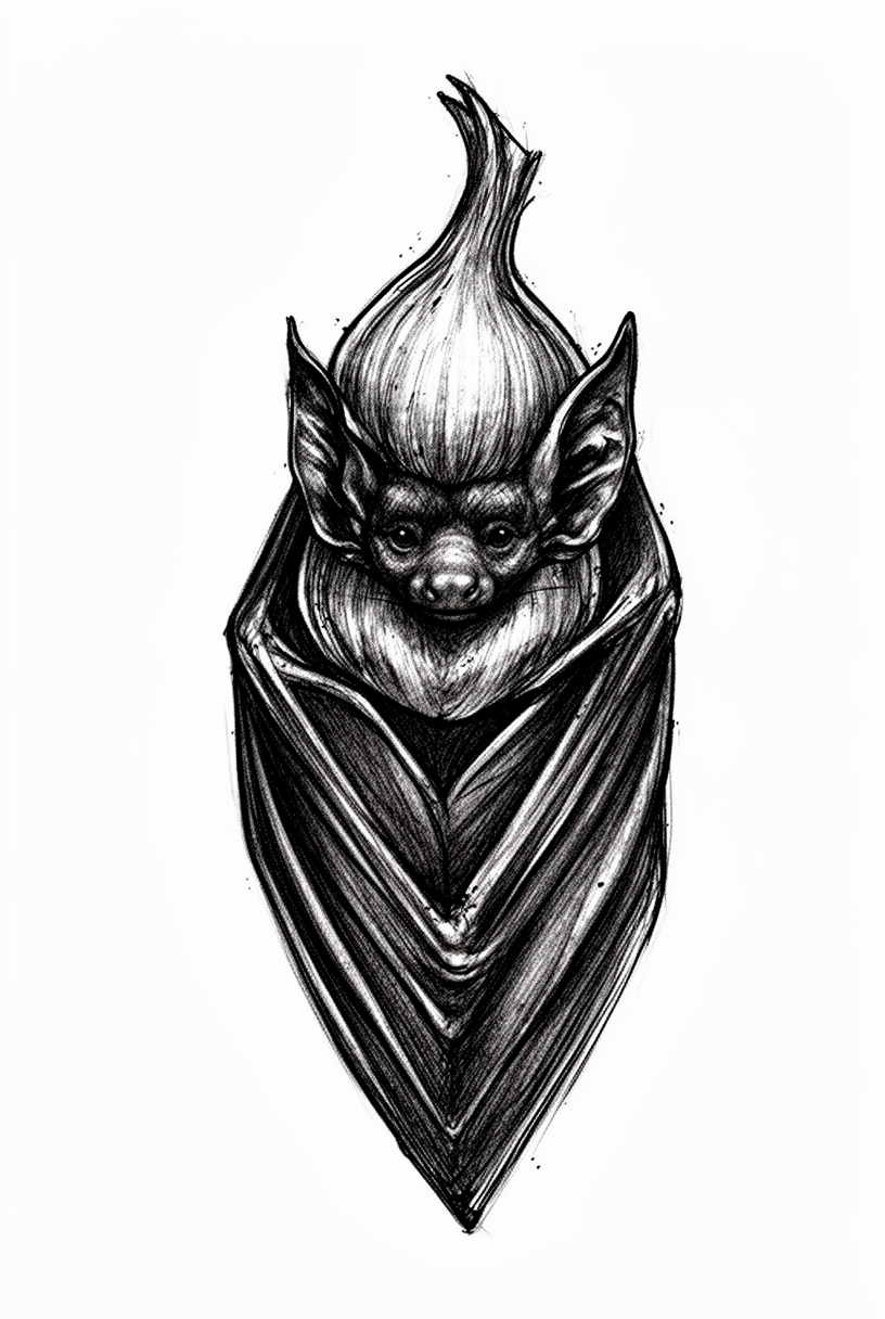 An illustrative black garlic clove transformed into a compact bat talisman with tiny eyes, pointed ears, and tucked wings on a plain background.