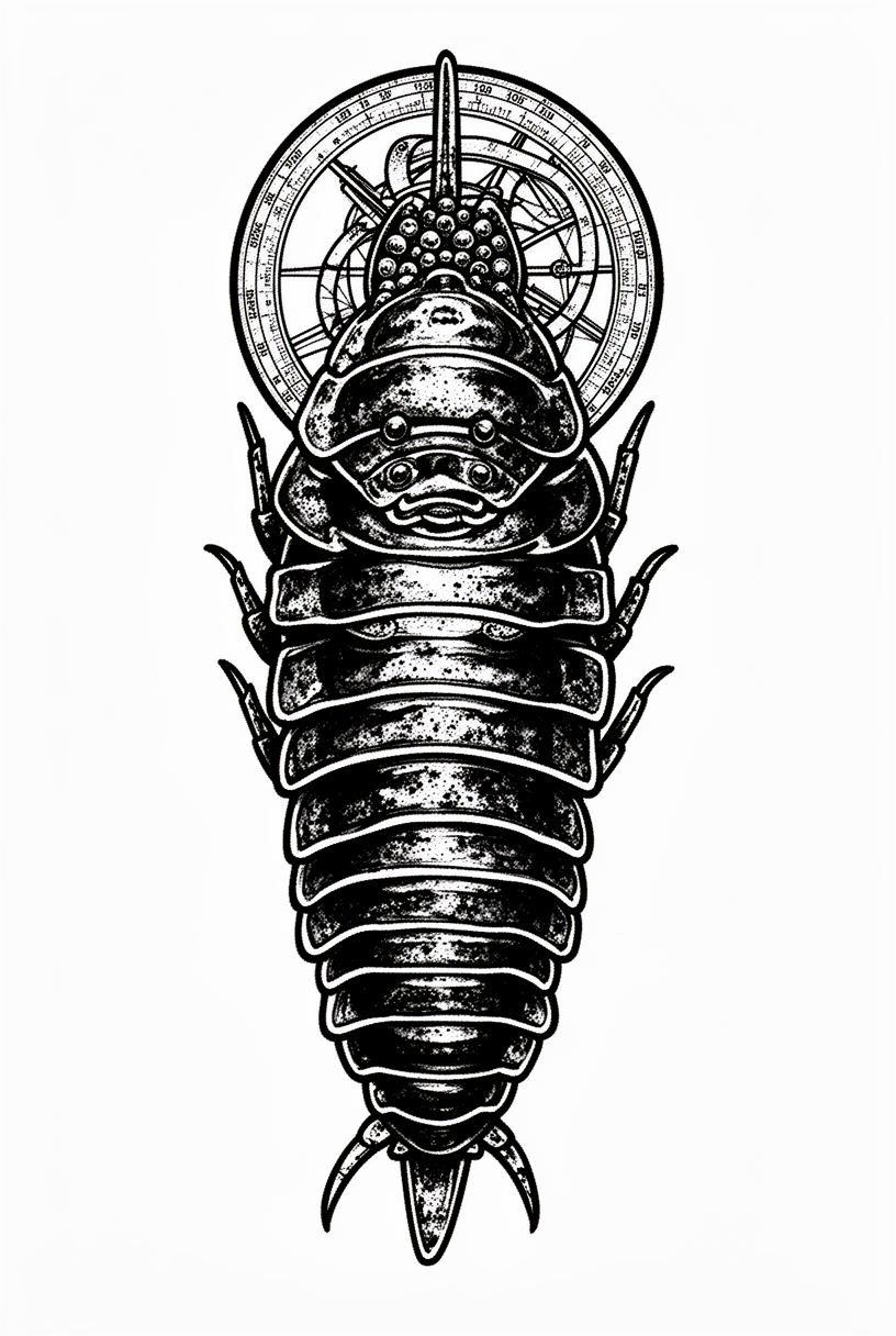 A blackwork giant isopod talisman fused with an antique astrolabe fragment, featuring engraved markings, armored segments, and bead-like eyes.