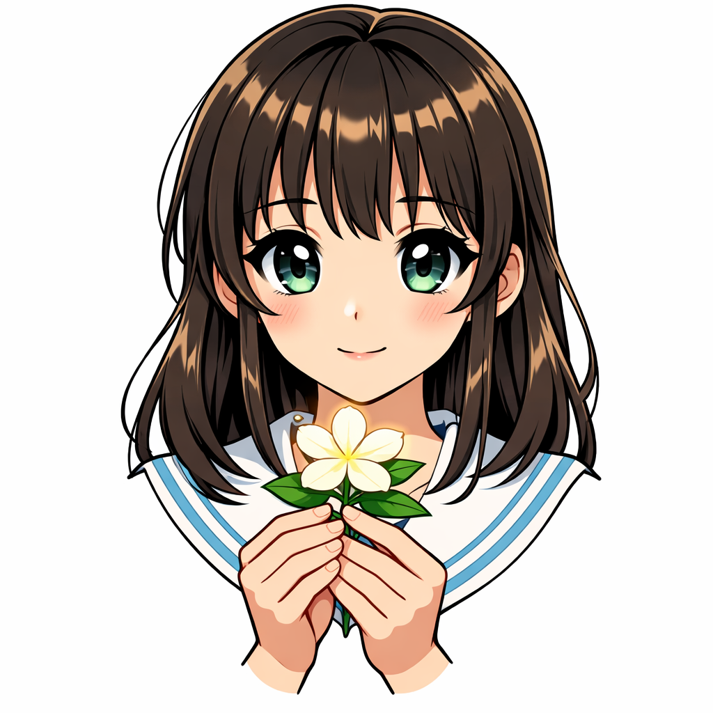 Anime-style portrait of a girl with giant expressive eyes gently holding a glowing jasmine flower, soft cel-shading on a white background with ample negative space.