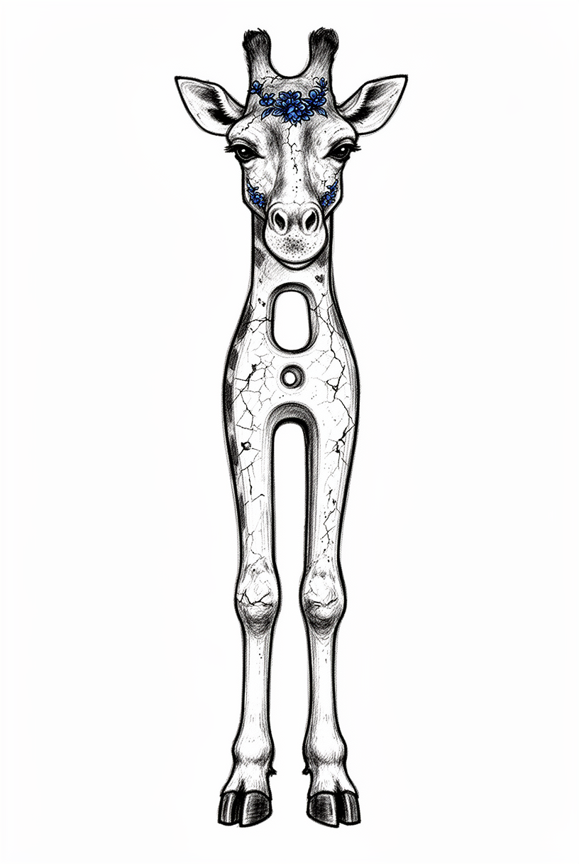 An illustrative porcelain giraffe talisman made from a cracked violin bridge, with soft eyes, tiny nostrils, floral cobalt trim, and fine glaze cracks.