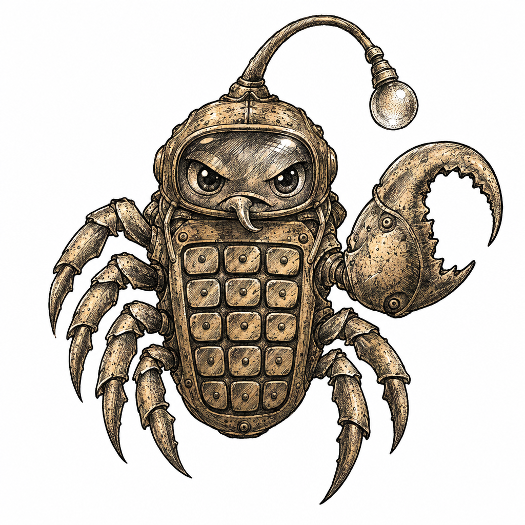 An illustrative tiny angler crab talisman made from an antique brass pocket calculator, with a plated carapace, bead-bright eyes, and a hooked claw.
