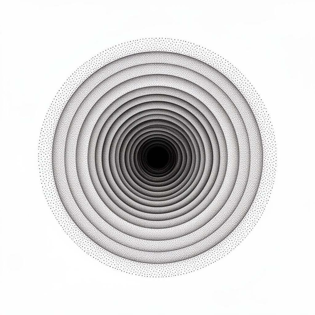 A dotwork geometric design of concentric circles made from diminishing dots forming a three-dimensional tunnel effect.