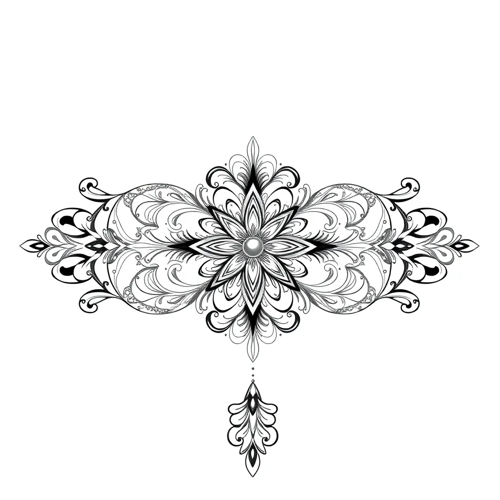 A perfectly symmetrical ornamental chest piece with floral filigree, lace-like borders, and jewel accents in an ornamental style