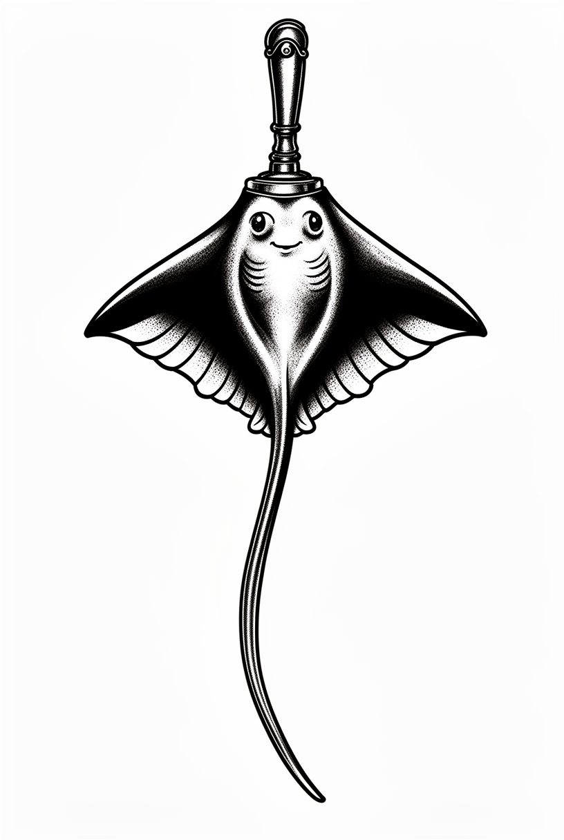 A blackwork stingray talisman inspired by an antique pocket ink blotter, with a diamond-shaped disc body, frilled wing tips, and a slender tail on a plain background.