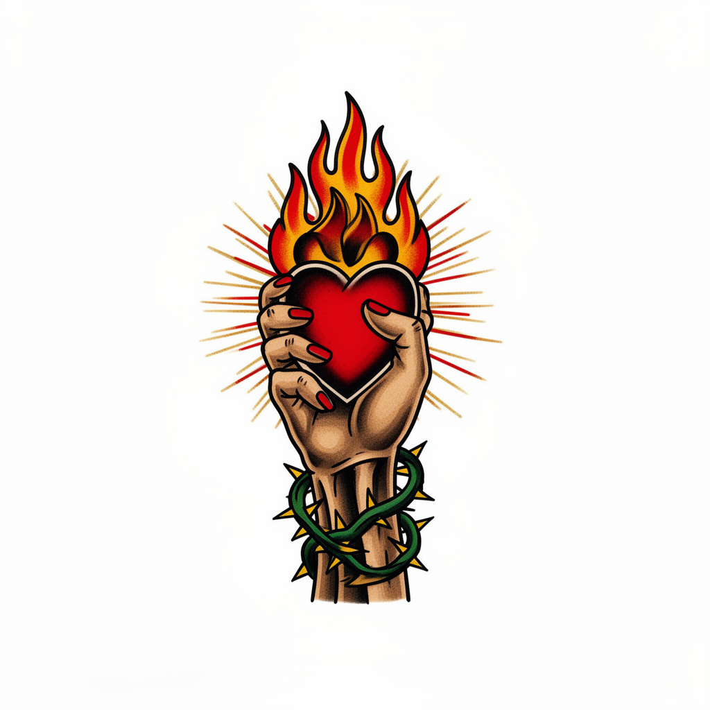 A traditional tattoo of a hand holding a burning heart with radiant beams and thorns wrapped around the wrist.